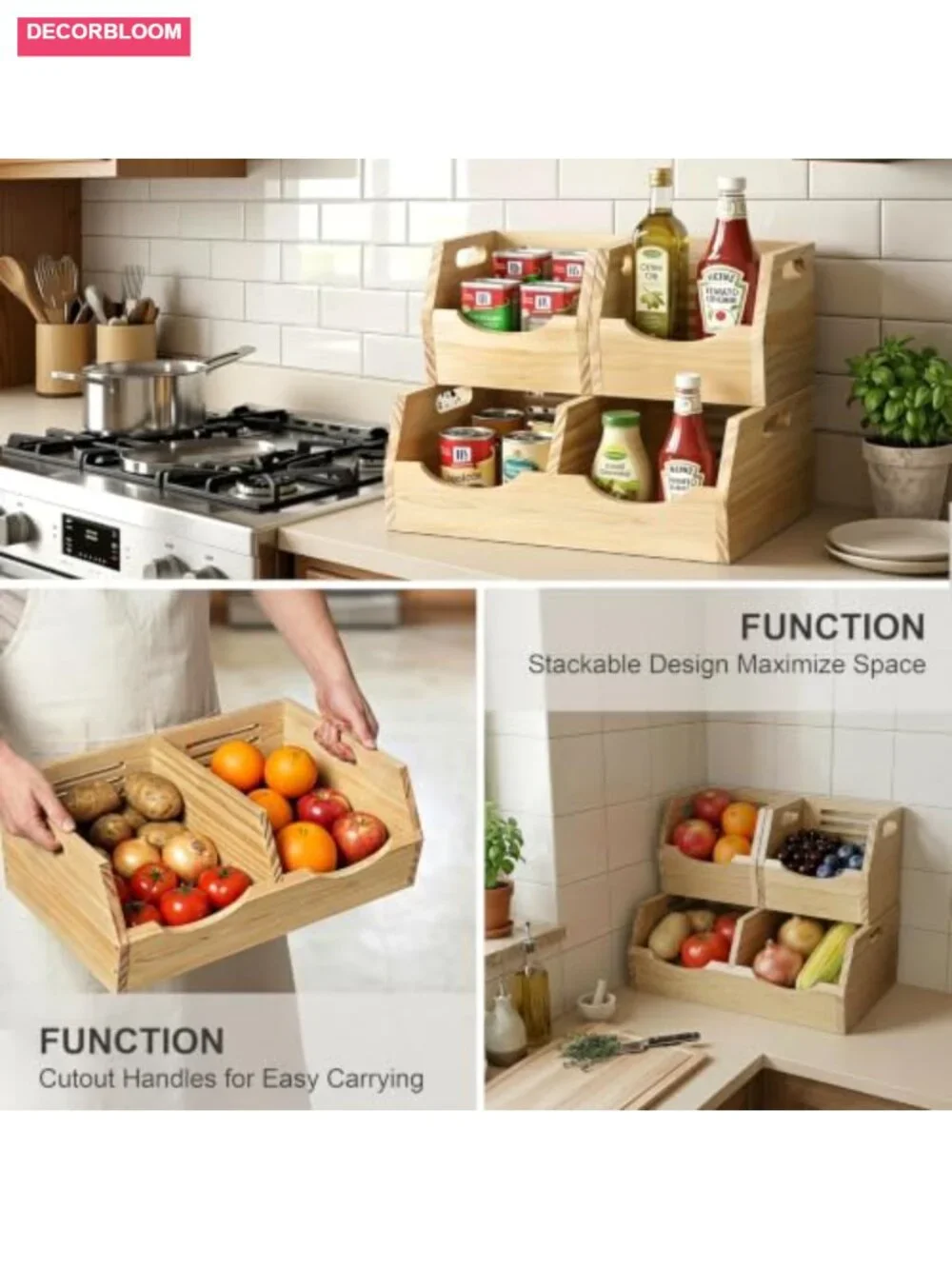2 Tier Wood Potato Onion Storage Bin Stackable Vegetable Keeper Pantry Organizer